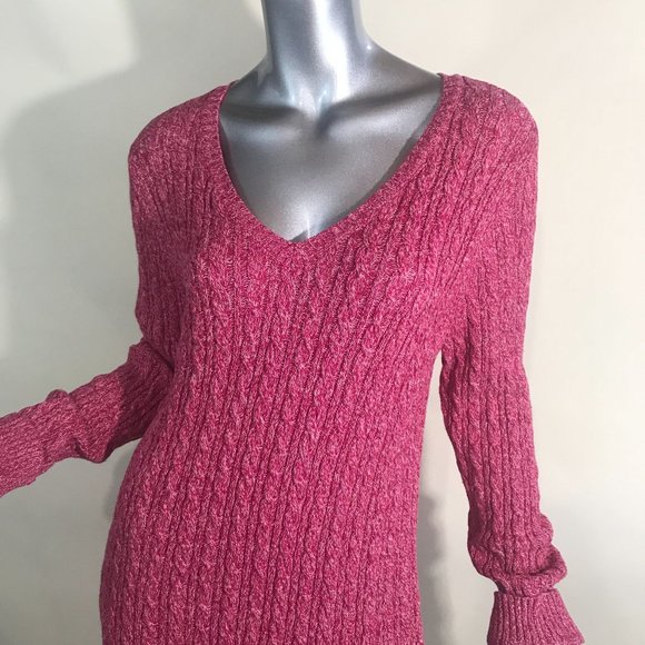 Croft & Barrow Women's Medium Red Pink White Cable Knit Sweater V Neck Tunic Top - Picture 2 of 15